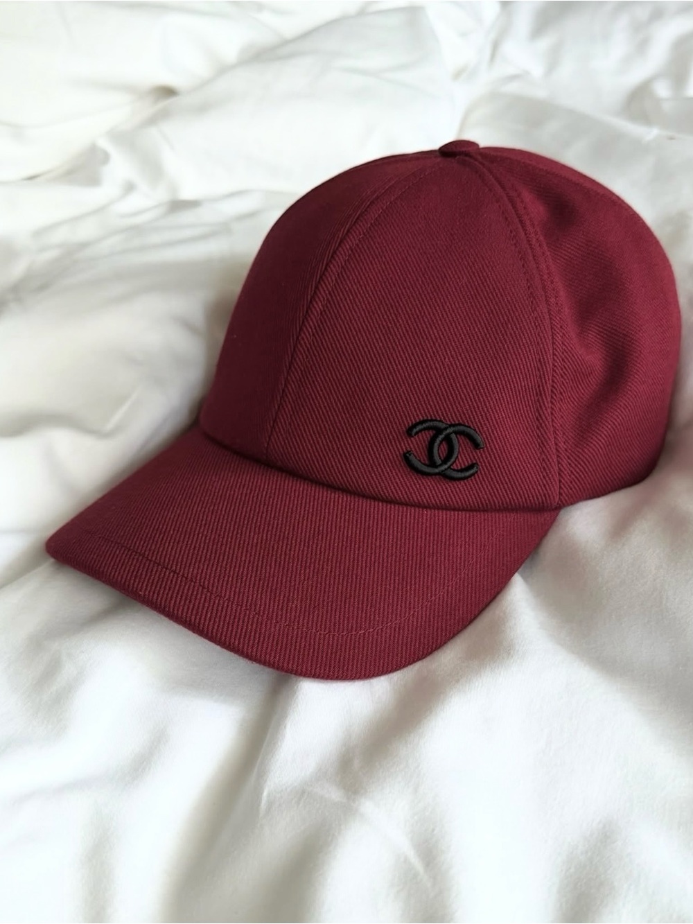 CHANEL Wine Red Baseball Cap with Black CC Emblem